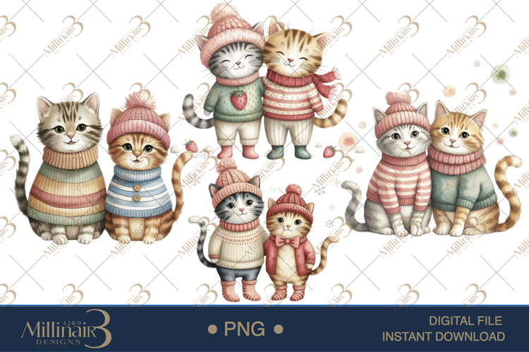 Couple Cat Christmas Watercolor Clipart | Romantic PNGs