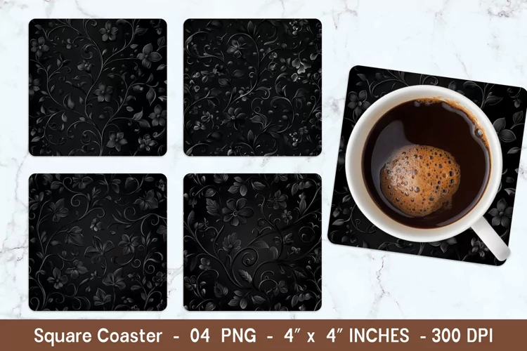 Black Floral Square Coasters | Square Coaster Png