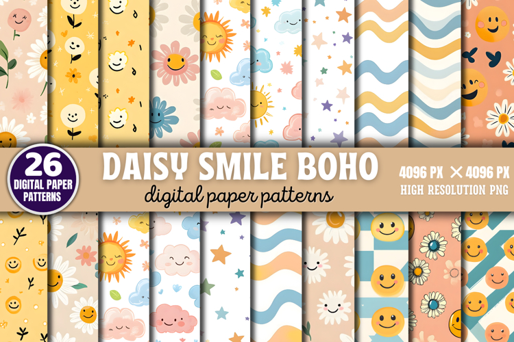 Daisy Smile Boho Digital Paper Background Bundle PNG