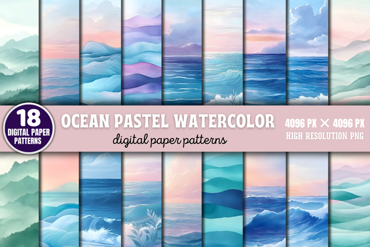 Ocean Pastel Watercolor Background Bundle PNG