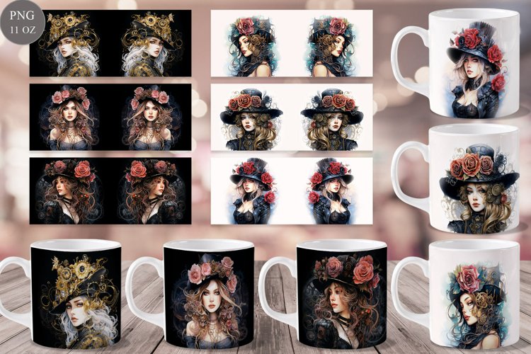 Steampunk Girl and Flowers Mug Sublimation Bundle Set 1