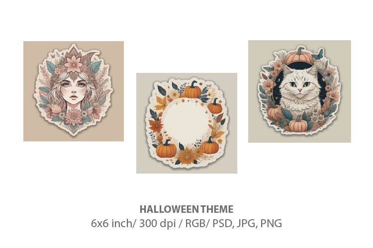 Halloween cat, flowers, pumpkins and witch, sticker