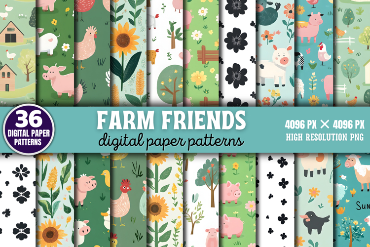 Farm Friends Digital Paper Background Bundle PNG