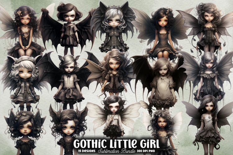 Gothic Little Girl Sublimation Clipart Bundle, Gothic Little