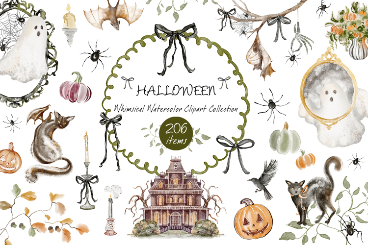 Whimsical Halloween Watercolor Clipart Bundle