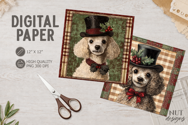 Vintage Christmas Poodle Digital Paper