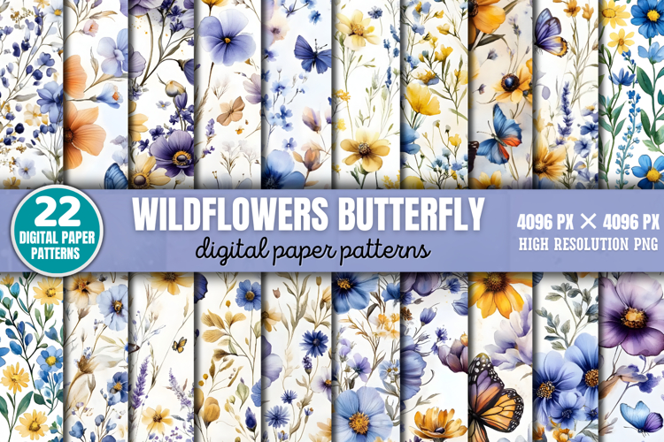Wildflowers Butterfly pattern Digital Background Paper Bundl