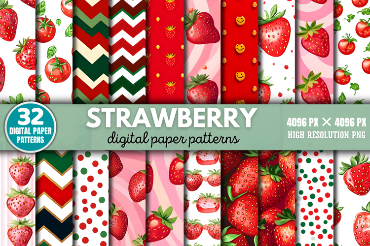 Strawberry Digital Paper Background Bundle PNG