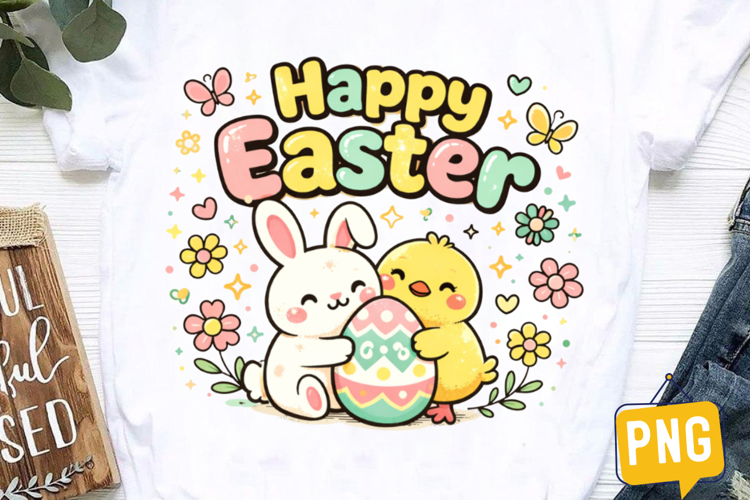 Happy Easter Bunny Chick Holding Colorful Egg PNG Design