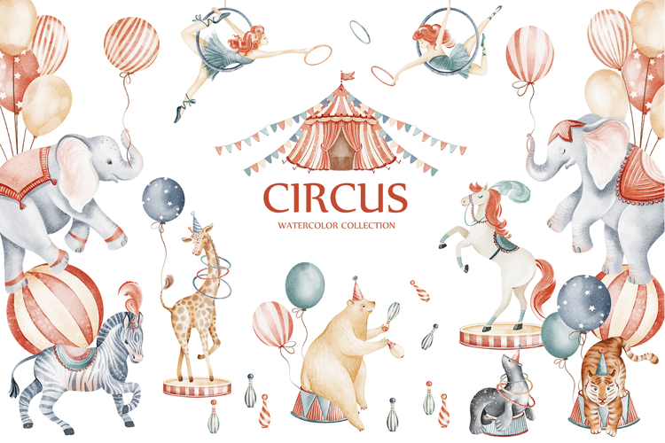Cute Circus Watercolor Clipart Set