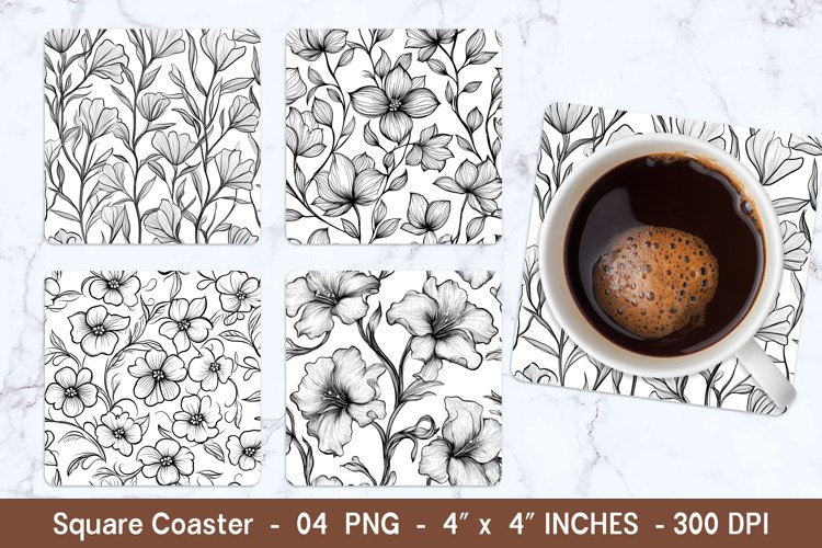 Lineart Floral Square Coasters | Square Coaster Png