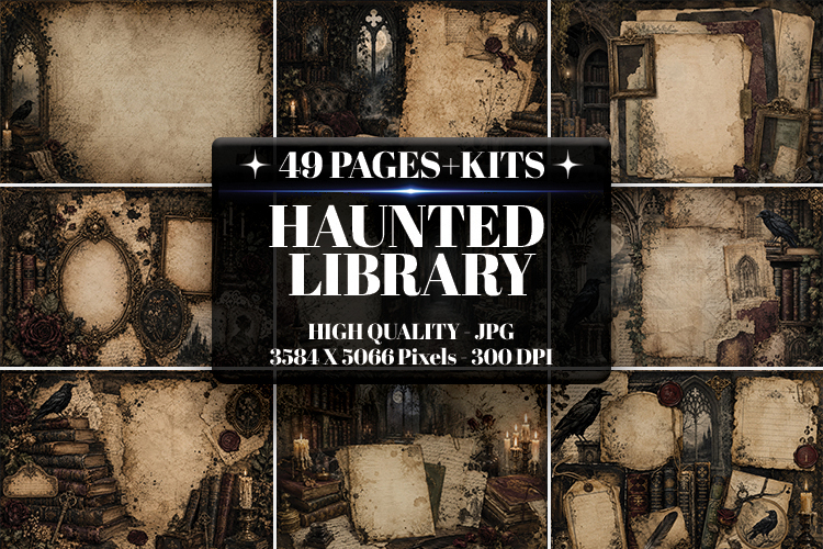 Haunted Library Digital Paper| Junk Journal Pages