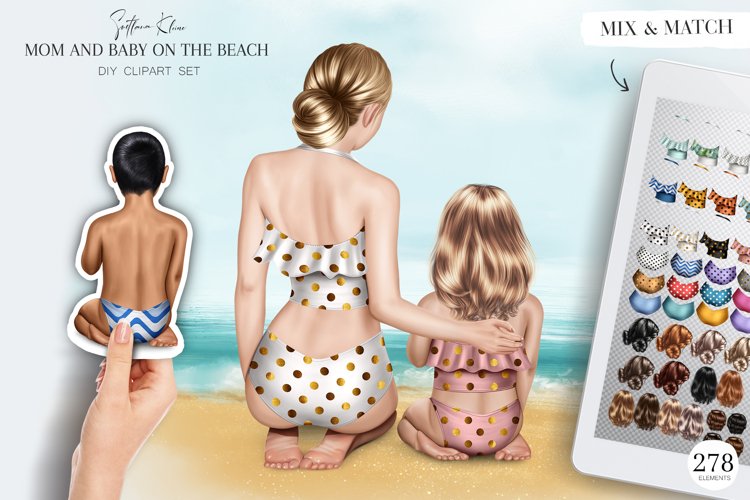 Mom and Baby on the Beach Clipart, Character Clip Art PNG example image 1