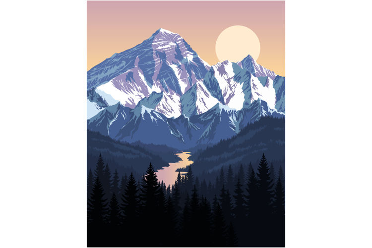 vector morning in beautiful mountains with river