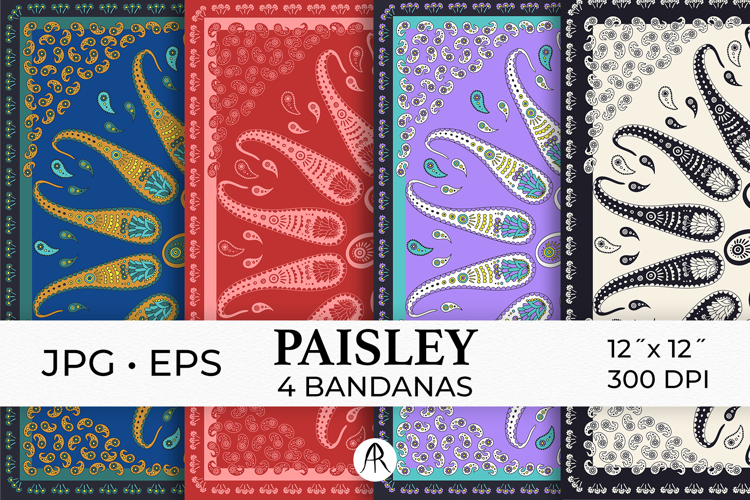 Boho Paisley Bandana Scarf Monochrome Digital Papers