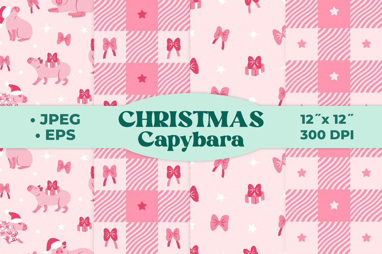Christmas Cute Kawaii Pastel Pink Capybara Seamless Patterns example image 1