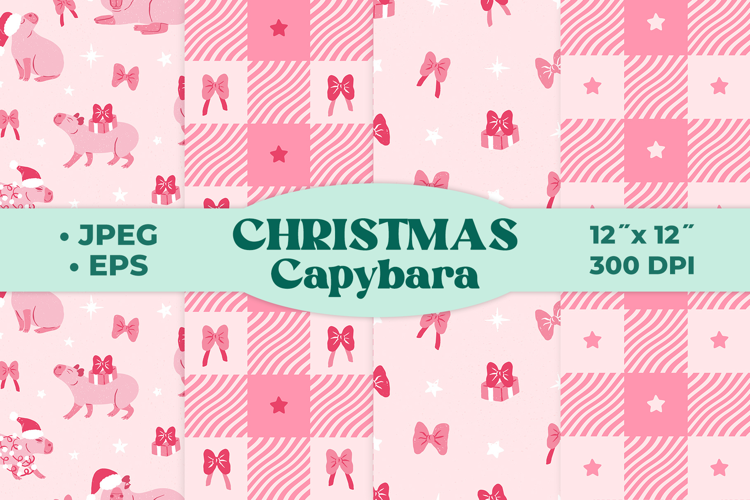 Christmas Cute Kawaii Pastel Pink Capybara Seamless Patterns