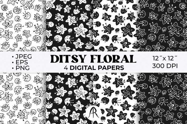 Whimsical Hand Drawn Black and White Ditsy Floral Patterns