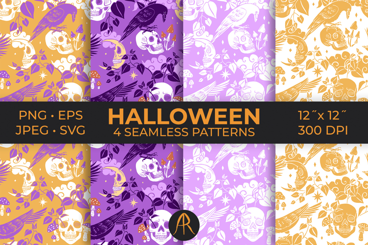 Skull & Crow Halloween Mystic Night Forest Digital Patterns