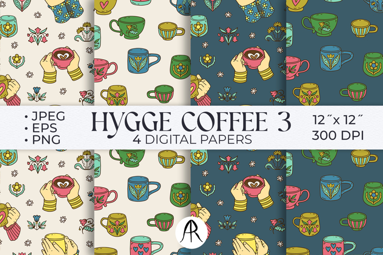 Scandi Coffee Cups in Hands Seamless Patterns Vector