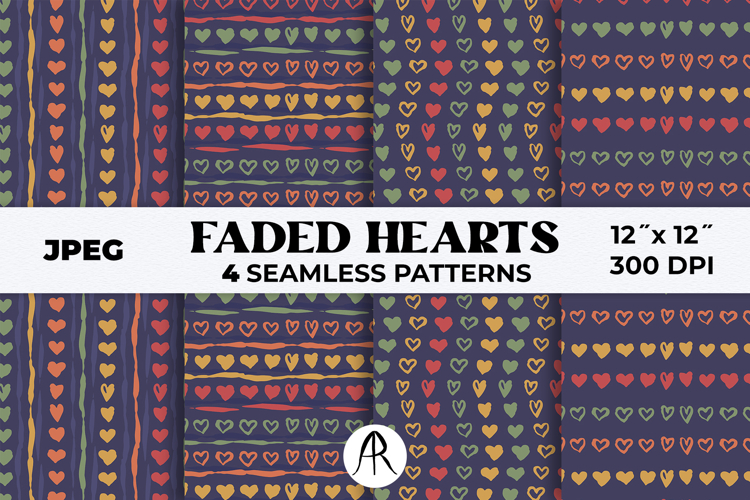Faded Resort Hearts Seamless Patterns Hand Drawn Boho Hearts