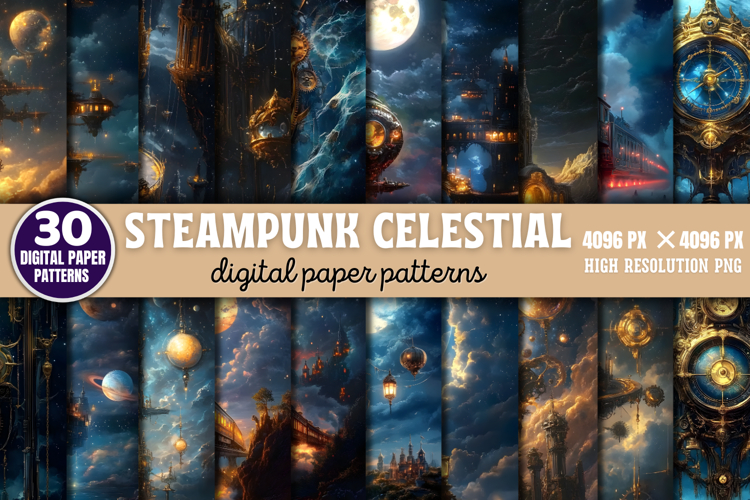 Steampunk Celestial Background Paper Set Bundle JPG