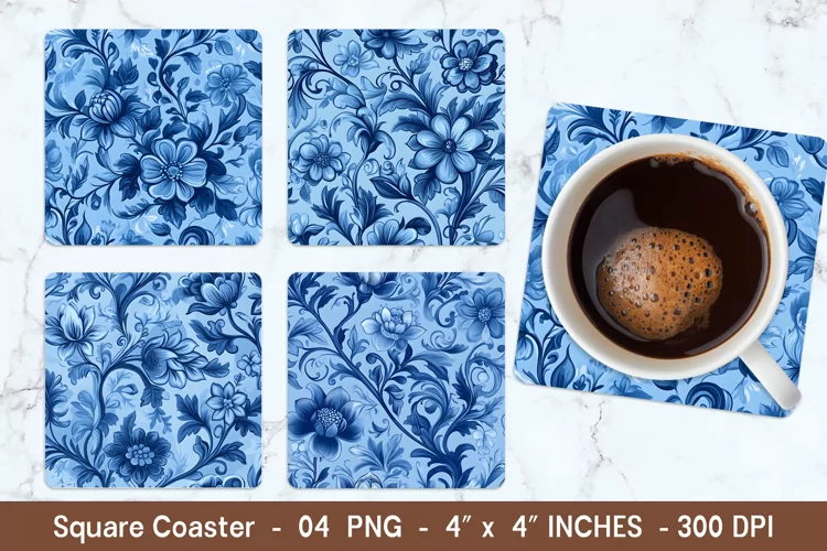 Blue Vintage Floral Square Coasters | Square Coaster Png