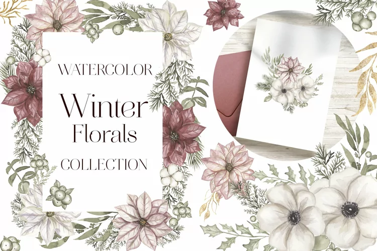 Watercolor Winter Florals Collection Bundle