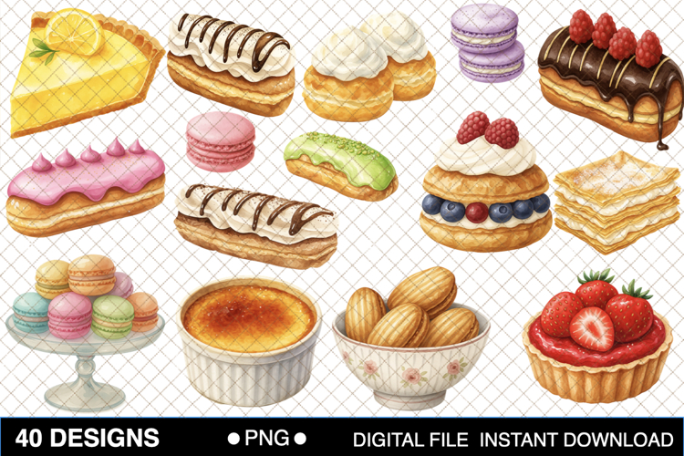 Watercolor French Patisserie Clipart Bundle