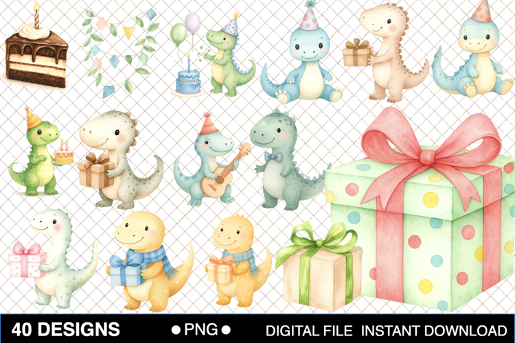 Watercolor Cute Birthday Dinosaur Cliparts Bundle