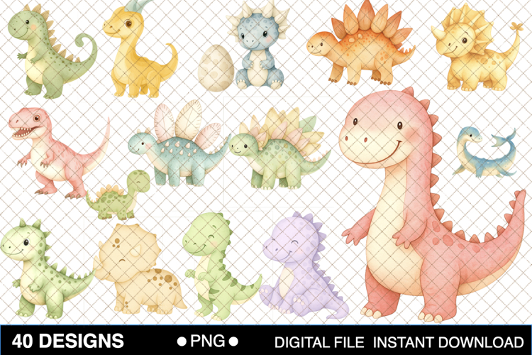 Cute Dinosaurs Watercolor Clipart Bundle