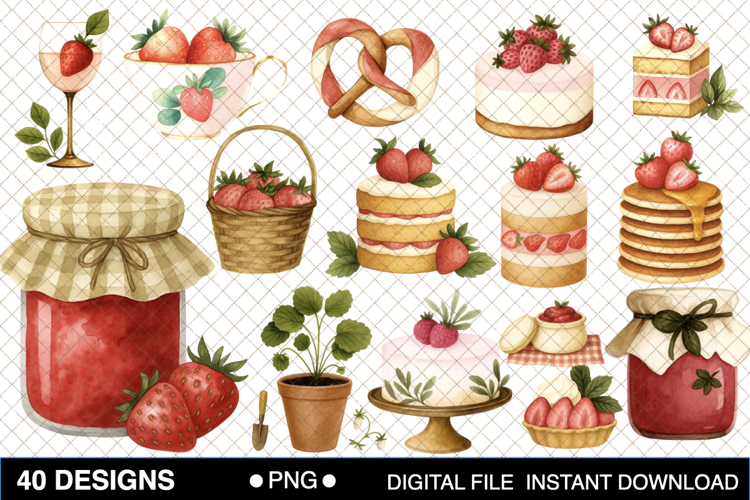 Strawberry Dessert Watercolor Clipart Bundle