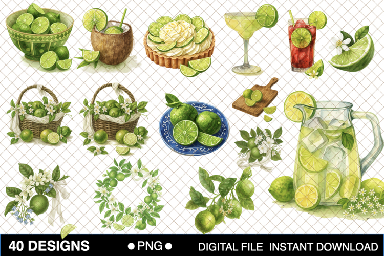 Lime Watercolor Clipart PNG Bundle