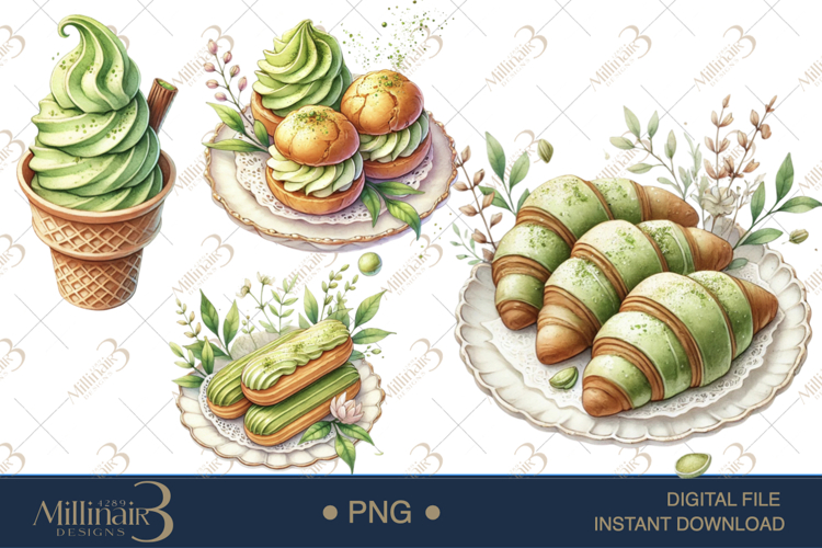 Watercolor Matcha Dessert Clipart
