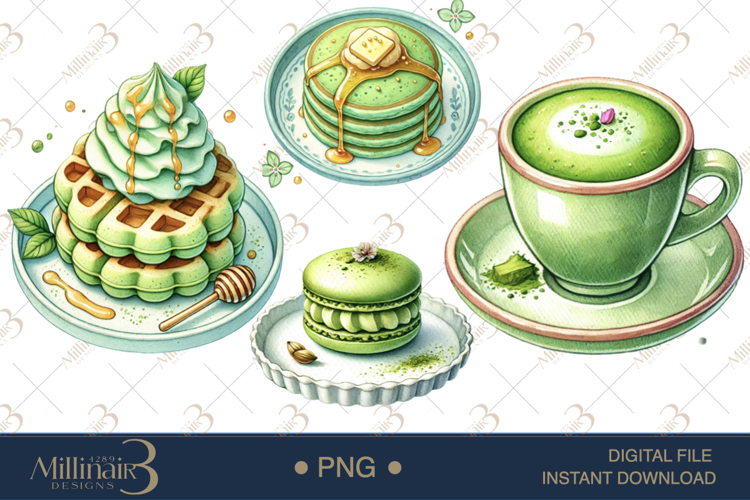 Watercolor Matcha Dessert Clipart example image 1