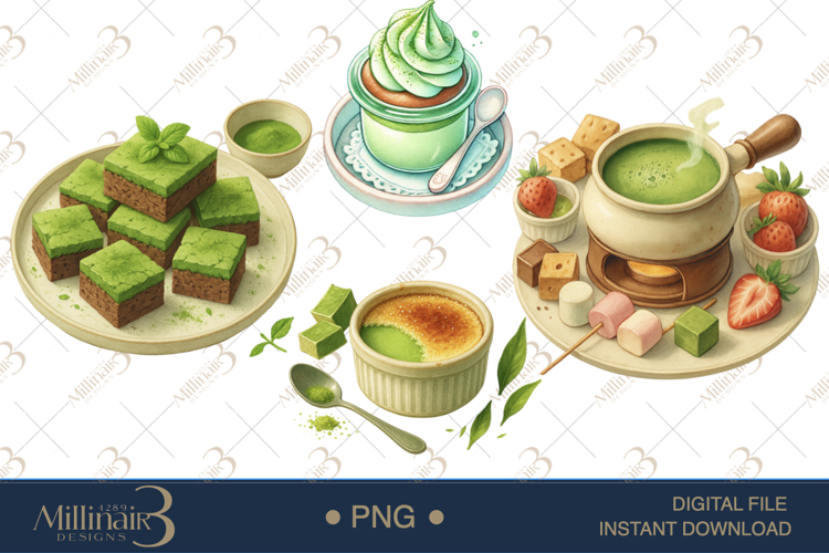 Watercolor Matcha Dessert Clipart example image 1