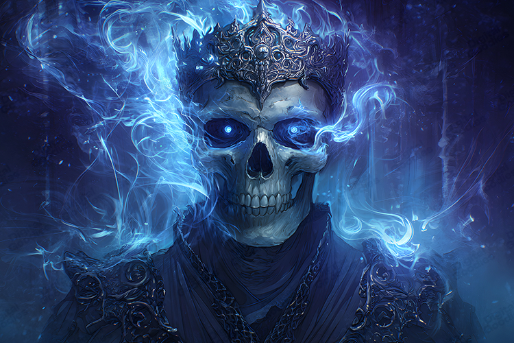 Undead King with Blue Flame Crown Digital Fantasy Art