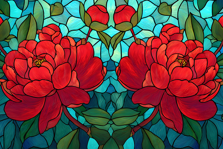 Red Peony Stained Glass Digital Art Nouveau Pattern