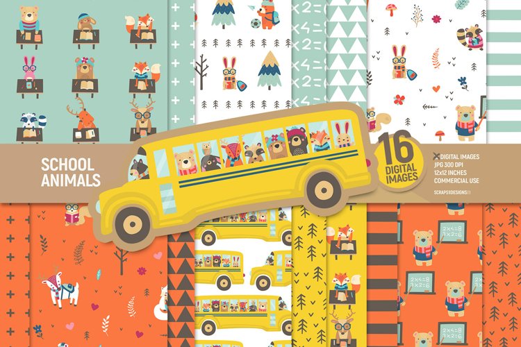 School animals digital paper pack, woodland scrapbook pages example image 1