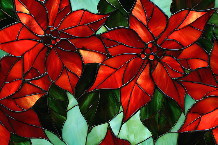 Red Poinsettia Stained Glass Holiday Floral Panel