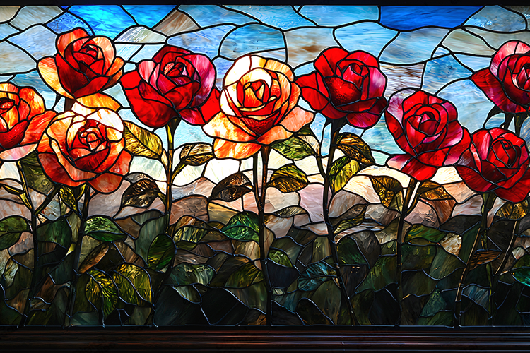 Red   Orange Rose Stained Glass Floral Border Panel