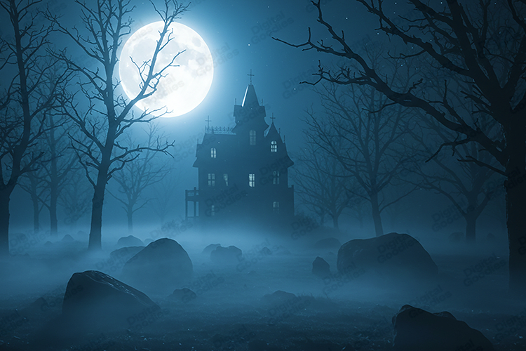 Haunted House Full Moon Night Background for Spooky Designs