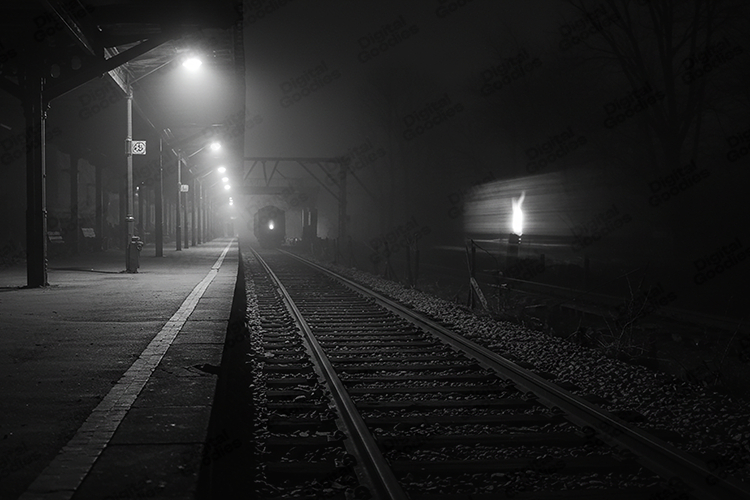 Dark Foggy Train Station Background with Moody Night Scene