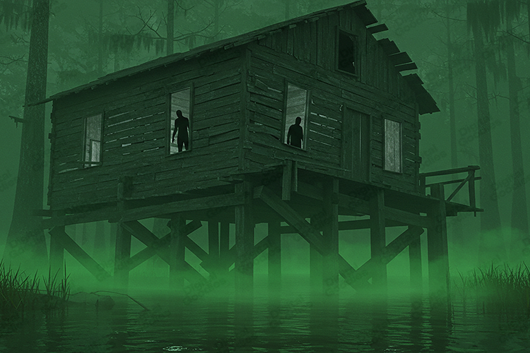 Creepy Swamp Cabin Background with Green Fog Horror Scene