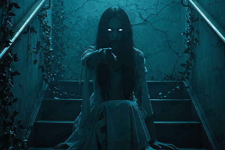 Creepy Ghost Girl on Stairs Dark Horror Background Art
