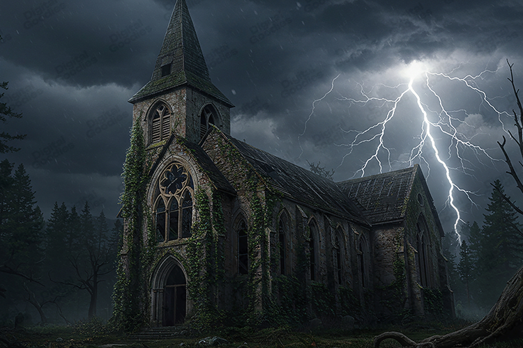 Haunted Abandoned Church Lightning Storm Horror Background
