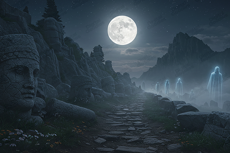 Mystical Moonlit Path with Ancient Statues and Ghostly Figur