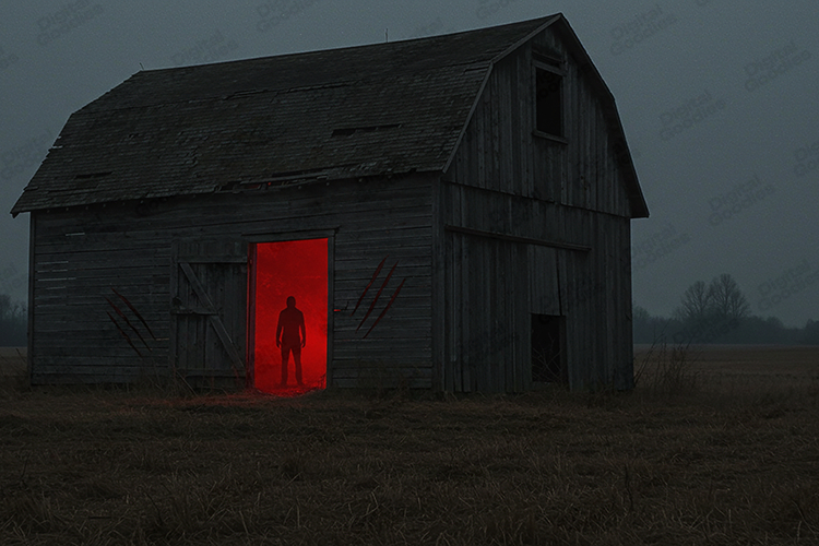 Abandoned Barn Horror Scene with Red Light Silhouette Art