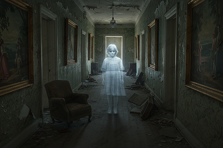 Ghost Girl in Haunted Hallway Background for Horror Designs