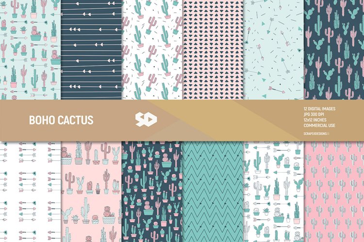 Boho cactus digital paper pack. Cactus scrapbooking pages